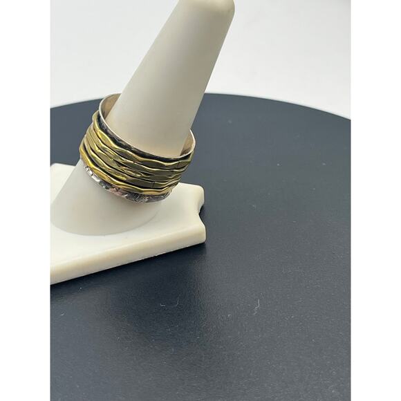 YS India Vintage Sterling Silver Hammered And Brass Spinner Two Tone Ring 9.5 - Picture 2 of 12